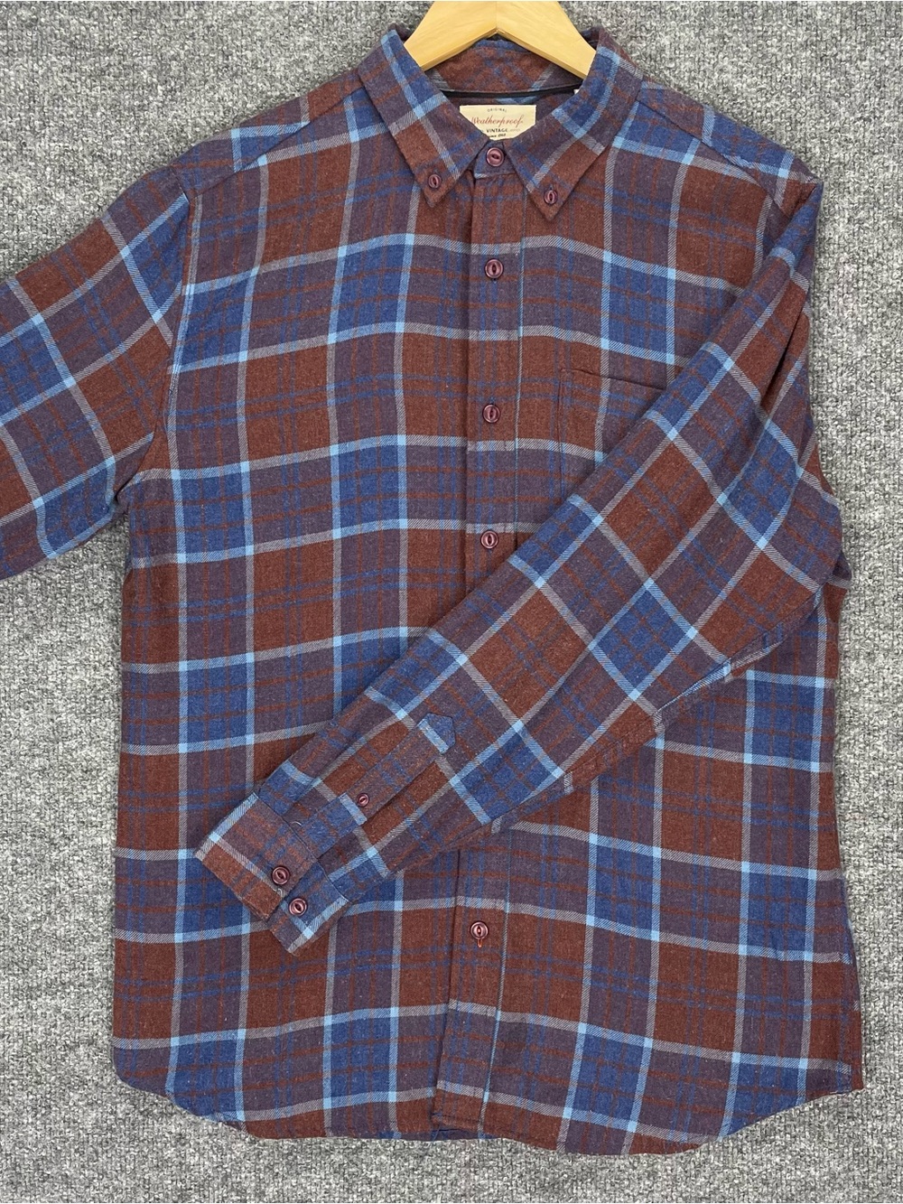 Weatherproof Vintage Luxe Flannel Shirt Mens M Plaid Brown Blue SOFT Rayon Blend